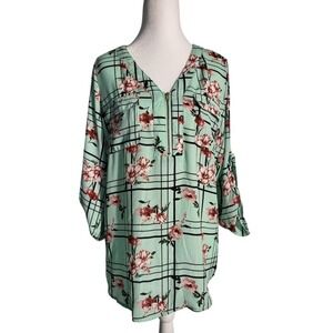 WishFull Park Women's Floral Cool Green Plaid Blouse Size L